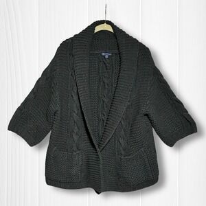 Gap Cotton Blend Hand Knit Shawl Collar Chunky Cardigan Sweater Womens L Black